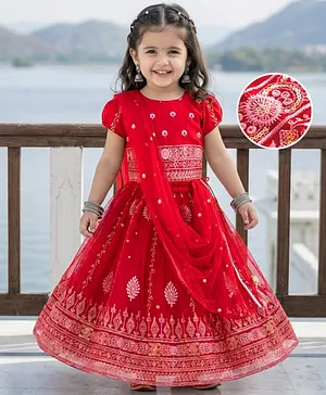 Babyhug Brocade Woven Half Puffed
                              Sleeves Choli Lehenga Set with Dupatta Set
                              & Floral Embroidery - Red