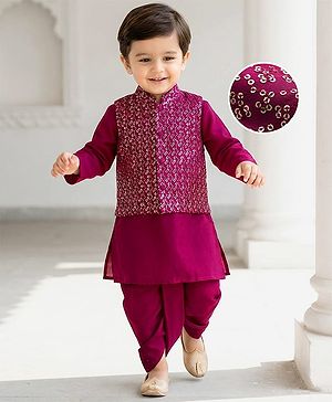 Babyhug Rayon Woven Full Sleeves Solid Kurta Dhoti Set with Sequenced Nehru Jacket - Magenta Pink