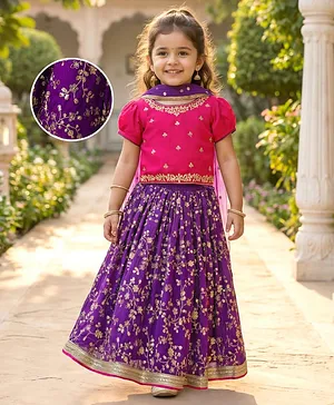 Babyhug Georgette Woven Half Puffed
                              Sleeves Choli Lehenga & Dupatta Set
                              with Floral Embroidery - Purple &
                              Pink