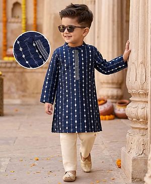 Babyhug Georgette Woven Full Sleeves Kurta Pyjama Set with Mirror Embroidery - Navy Blue