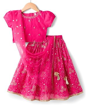 Babyhug Chanderi Woven Half Sleeves Choli Lehenga & Dupatta Set With Floral Print & Embriodered - Fuschia