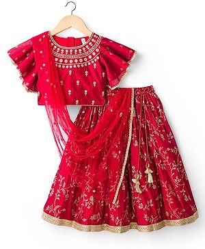 Babyhug Brocade Woven Flutter Sleeves Choli Lehenga & Dupatta Set with Floral Embroidery & Print - Red