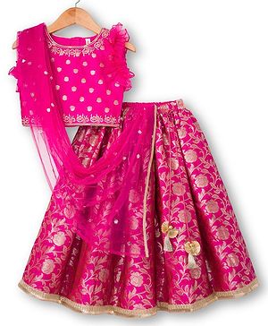 Babyhug Brocade Woven Frill Sleeves Floral Foil Printed Choli Lehenga Set with Dupatta & Embroidery - Dark Pink