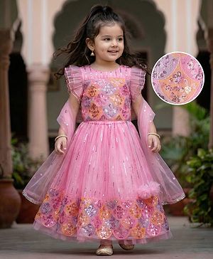 Babyhug Georgette Woven Frill Sleeves Choli Lehenga Set with Dupatta Embroidery & Sequin Detailing - Pink