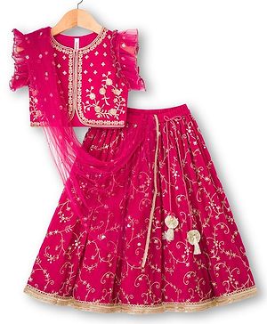 Babyhug Georgette Woven Frill Sleeves Choli Lehenga & Dupatta Set With Floral Embriodery - Red