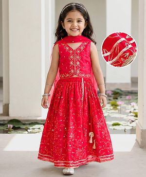 Babyhug Georgette Woven Half Sleeves Choli Lehenga & Dupatta Set with Floral Embroidery - Hot Pink