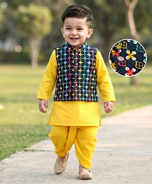 Babyhug Cotton Woven Full Sleeves Kurta Dhoti & Floral Embroidered Jacket Set - Yellow