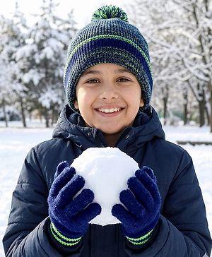Pine Kids Knit Woolen Cap & Cloves Set Navy Blue - Diameter 18 cm