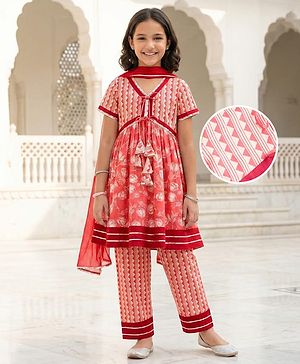 Pine Kids Cotton Woven Half Sleeves Kurta Churidar & Dupata Set With Floral Print - Coral