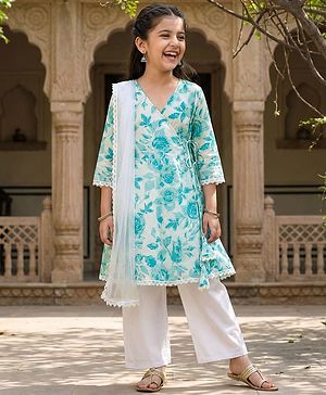 Pine Kids Cotton Woven Three Fourth Sleeves Kurta Churidar & Dupatta Set With Floral Print - Light Blue