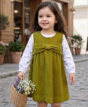 Babyhug Cotton Knit Frock with Full Sleeves Inner Tee Bow Print - Olive Green & White
