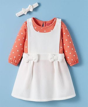 Babyhug Cotton Woven Full Sleeves Frock With Inner Tee & Polka Dot Print & Head Band - Peach & White