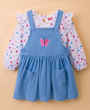 Babyhug Cotton Knit Frock & Full Sleeves Inner Tee With Butterfly Print & Embroidery - Blue & White