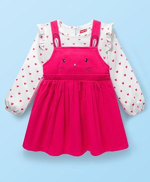 Babyhug Cotton Woven Frock with Full Sleeves Inner Tee & Heart Print - Pink & White
