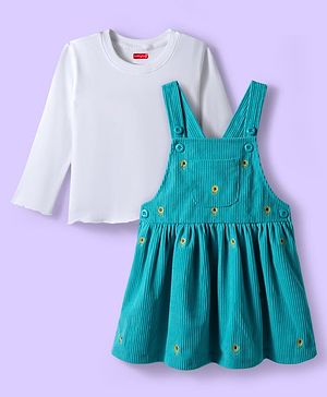 Babyhug Cotton Woven Full Sleeves Inner Tee & Frock with Sunflower Embroidery - Turquoise Blue