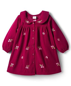 Babyhug Cotton Knit Full Sleeves Front Open Frock with Floral Embroidery - Maroon