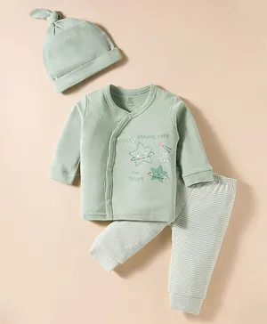 I Bears Knitted Full Sleeves Night Suit with Cap & Stars Print - Light Green