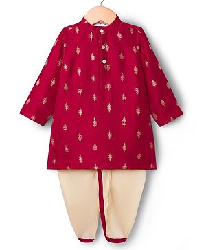 Babyhug Brocade Woven Full Sleeves Kurta Dhoti Set With Floral Foil Print - Red
