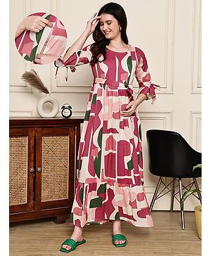 COLOR STUDIO Georgette Woven Three Fourth Sleeves Abstract Printed Maternity Maxi Dress With Nursing Access - Multi Colour