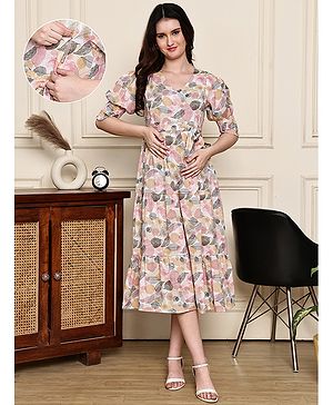COLOR STUDIO Cotton Blend Woven Half Puffed Sleeves Leaves Printed Maternity Maxi Dress With Nursing Access - Beige