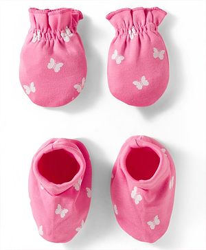 Babyhug 100% Cotton Mittens & Booties Set With Butterfly Print - Pink