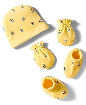Babyhug 100% Cotton Interlock Knit Cap Mittens & Booties Set With Nautical Print Yellow - Diameter 10 cm