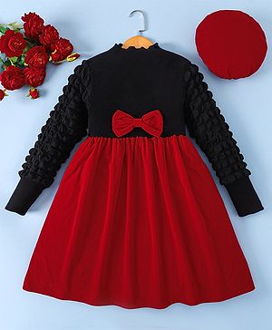 Mark & Mia Full Sleeves Solid Party Dress With Bow Applique - Red & Black
