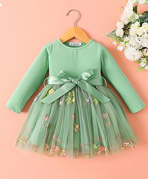 Mark & Mia Full Sleeves Party Dress With Floral Embroidery & Bow Applique - Green
