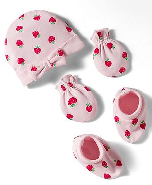 Babyhug 100% Cotton Interlock Knit Cap Mittens & Booties Set with Strawberry Print Pink - Diameter 11 cm