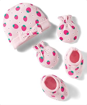 Babyhug 100% Cotton Interlock Knit Cap Mittens & Booties Set with Strawberry & Floral Print & Bow Applique Pink - Diameter 11 cm