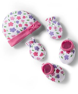 Babyhug 100% Cotton Interlock Knit Cap Mittens & Booties Set with Floral Print & Bow Applique White & Pink - Diameter 11 cm