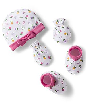 Babyhug 100% Cotton Interlock Knit Cap Mittens & Booties Set with Floral Print & Bow Applique White & Pink - Diameter 10 cm