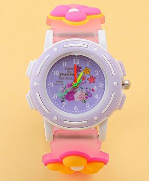 Babyhug Free Size Analog Watch with Floral Print - Purple & Pink