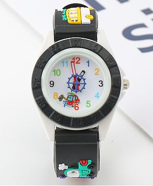 Babyhug Free Size Analog Watch with Car Print - White & Black