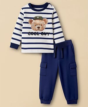 Babyhug Single Jersey Knit Premium Light Gauge Terry Full Sleeves T-Shirt & Joggers Set with Stripes & Teddy Print - White & Navy Blue