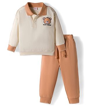 Babyhug Terry Knit Full Sleeves T-Shirt and Trouser Set With Bear Embriodery - Offwhite & Beige