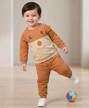 Babyhug Knit Premium Light Gauge Terry Full Raglan Sleeves T-Shirt & Joggers Set With Bear Applique & Patch - Brown