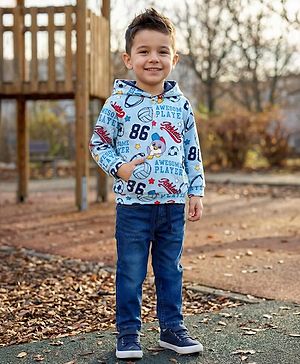 Babyhug Knit Premium Light Gauge Terry Full Sleeves Hooded T-Shirt & Denim Jeans with Kangaroo Pocket & Sport Theme Print - Blue