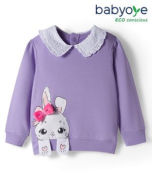 Babyoye 100% Cotton Knit Full Sleeves Peter Pan Collar Sweatshirt with Bow Applique & Bunny Graphic - Purple