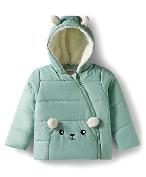Babyhug Woven Full Sleeves Hooded Padded Jacket With Animal Applique - Mint Green