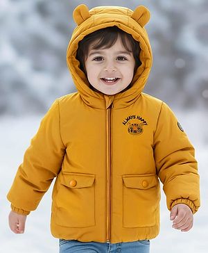 Babyhug Woven Full Sleeves Hooded Padded Jacket With Tiger Embroidery - Yellow