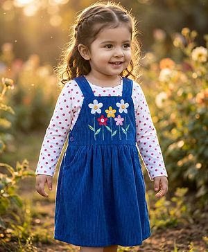 Babyhug Corduroy Woven Floral Embroidered Frock with Full Sleeves Inner Tee & Polka Dot Print - Blue & White