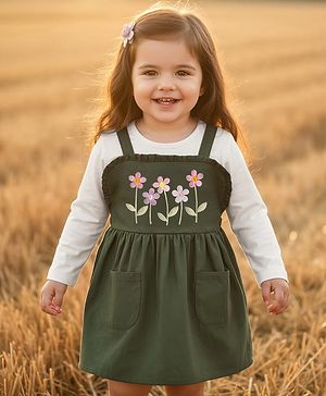 Babyhug Cotton Knit Floral Embroidered Frock with Full Sleeves Inner Tee - Olive Green & White