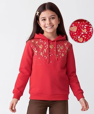 Pine Kids Cotton Knit Full Sleeves Hooded Sweatshirt With Embellishment - Red