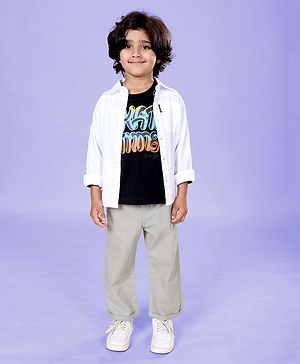 Kiddopanti Cotton Woven Half Sleeves Solid Shirt & Cargo Pants With Skate Time Text Printed Tee Set - White Black & Light Green