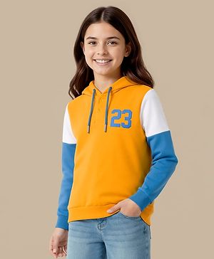 Pine Kids Knit Full Sleeves Hooded Cut & Sew Sweatshirt With 23 Text Design - Yellow & Blue
