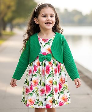 Babyhug Cotton Knit Frock & Full Sleeves Shrug With Floral Print & Bow Applique - White & Green