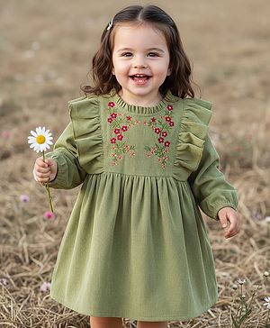 Babyhug Cotton Woven Full Sleeves Frock With Floral Embriodery & Frill Detailing - Olive Green