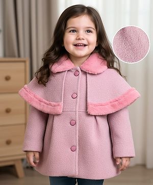 Babyhug Woven Full Sleeves Cape Style Solid Overcoat With Fur Collar - Purple