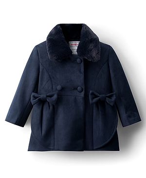 Babyhug Woven Full Sleeves Solid Color Overcoat with Bow Applique - Navy Blue